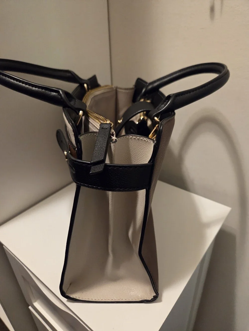 Nine West Brown, Cream & Black Structured Leather Handbag